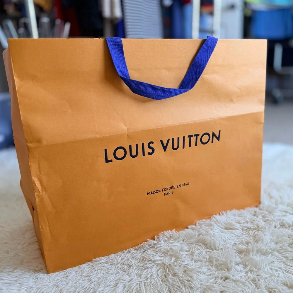 Louis Vuitton XL HTF Orange Brown Paper Gift Shopping Box Bag Blue Handle